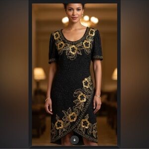 Stenay vintage 80's/90's sequin beaded gold wiggle dress size 8 handmade